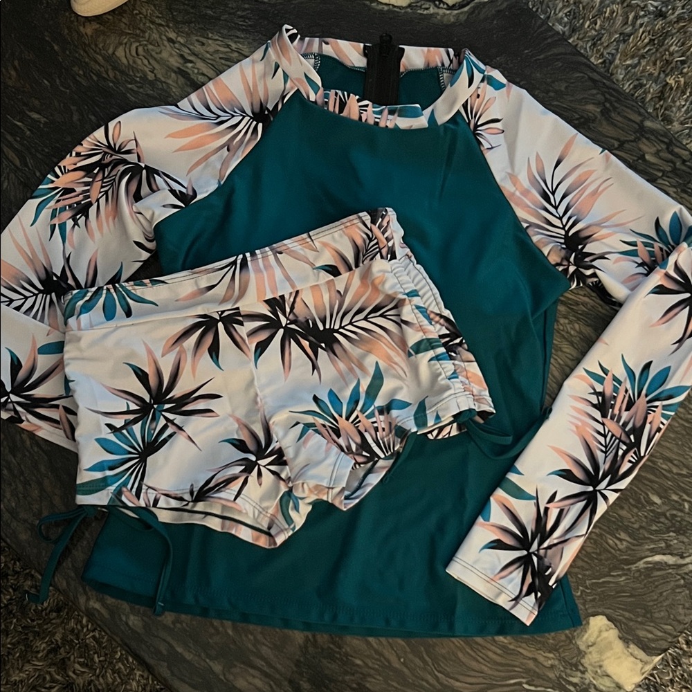 Women's Teal and Floral Long Sleeve swimsuit